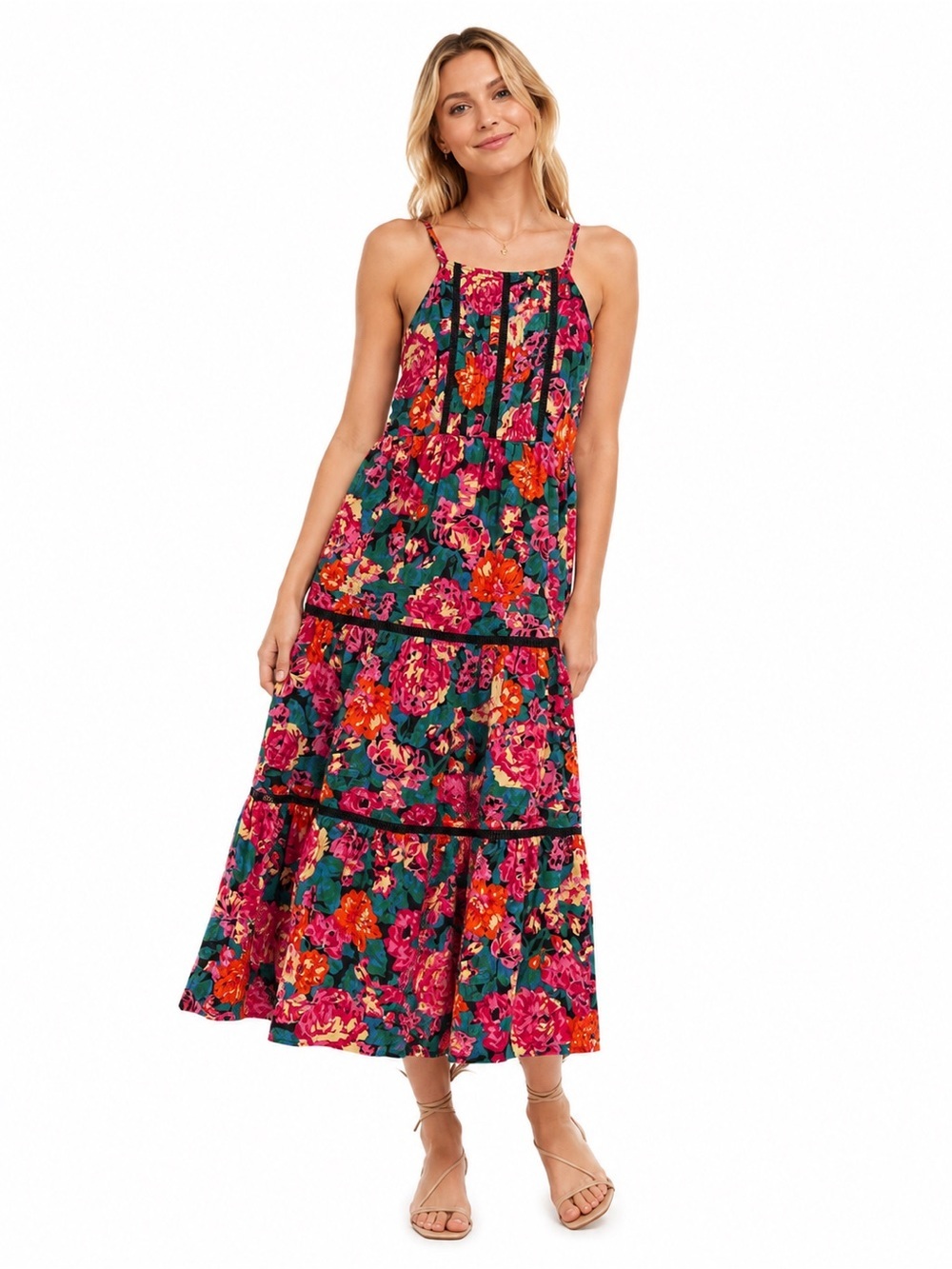 Chelsea & Violet Floral Tiered Midi Dress S Pink Teal Boho Sundress